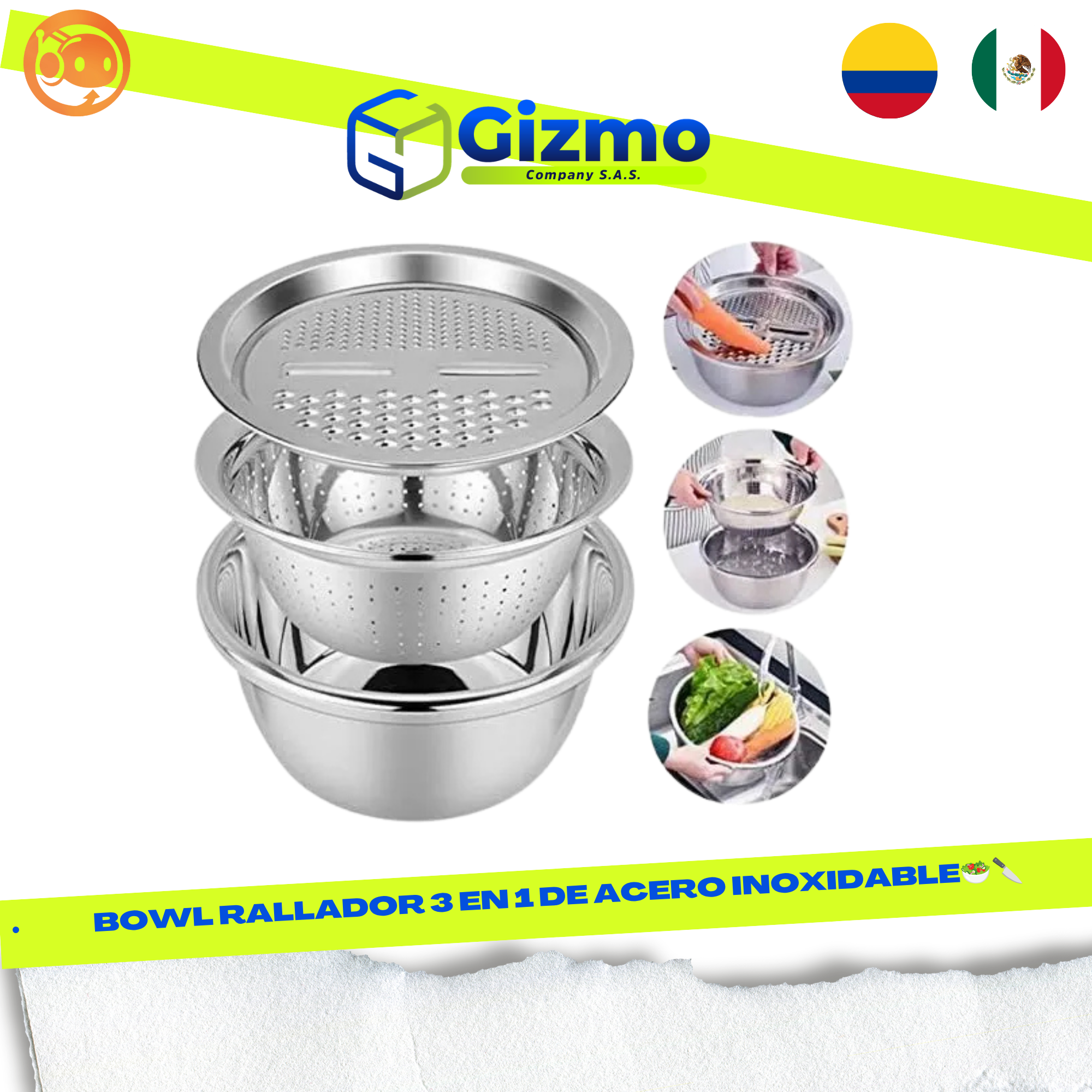 1784152117CATALOGO MEXICO - GIZMO 2026 (10) Bowl Rallador 3 En 1 De Acero Inoxidable - Imagen 1
