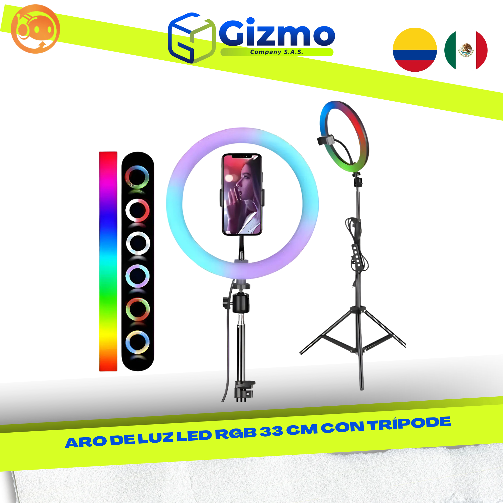 CATALOGO MERCANCIA NUEVA - GIZMO 2026 - 2026-10-09T145640.970 Aro de Luz LED RGB 33 cm con Trípode - Imagen 1