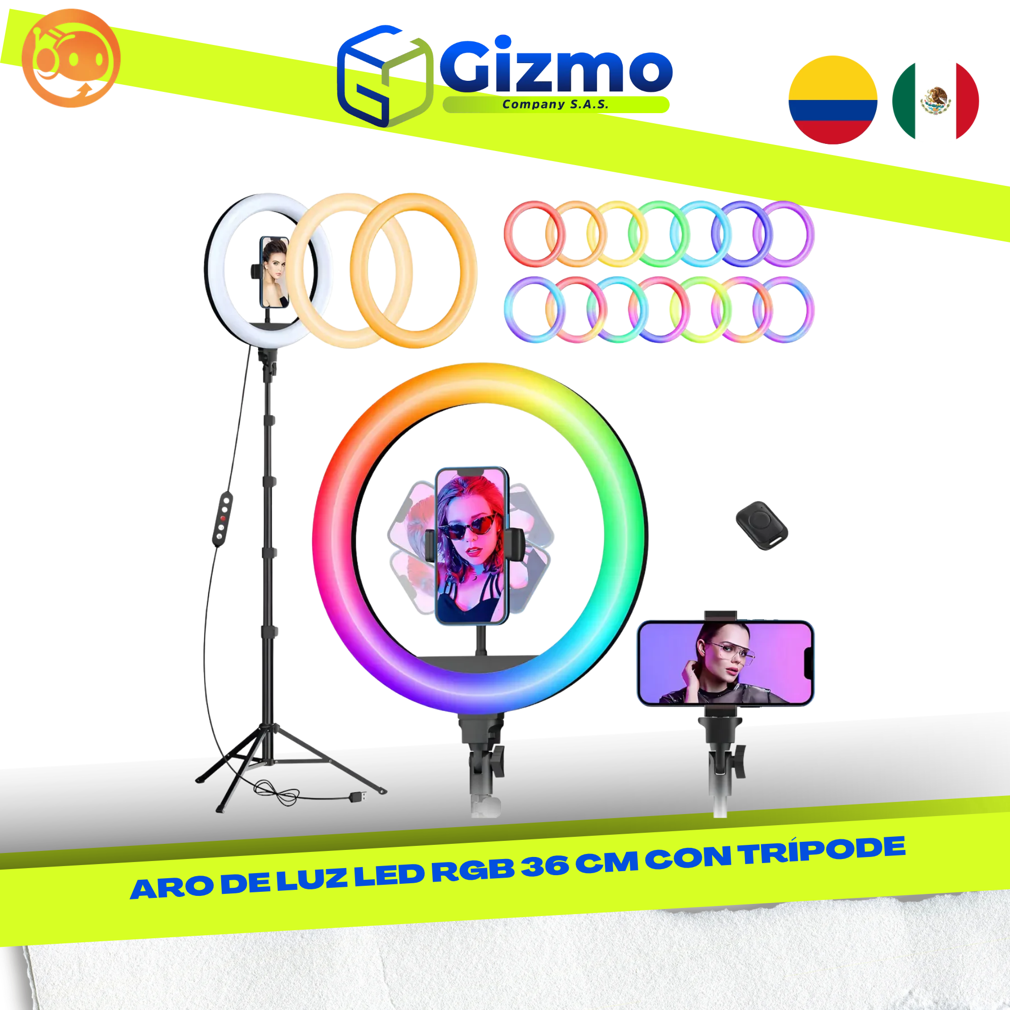 CATALOGO MERCANCIA NUEVA - GIZMO 2026 - 2026-10-09T151201.971 Aro de Luz LED RGB 36 cm con Trípode - Imagen 1
