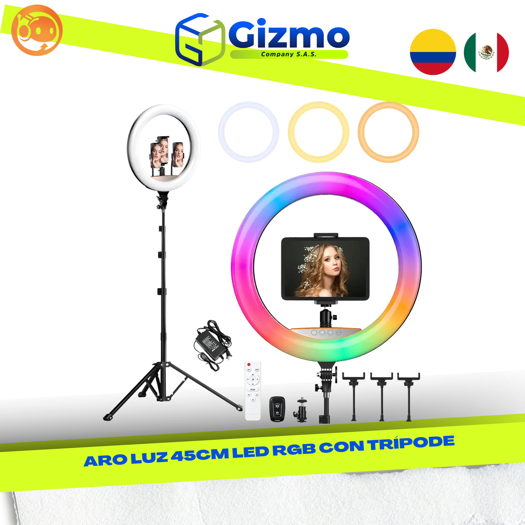 CATALOGO MERCANCIA NUEVA - GIZMO 2026 - 2026-10-09T153628.053 Aro Luz 45cm LED RGB con Trípode - Imagen 1